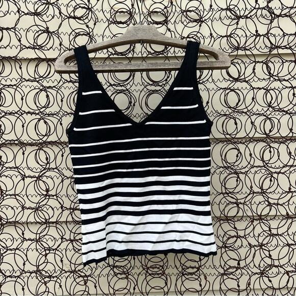 Vintage 90s Barbara Katz black white stripe stretchy tank top MEDIUM - Picture 4 of 9